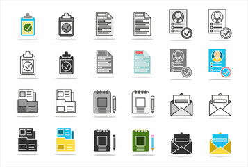 Notebook and pen icon.Check test .Document file.Approved resume.Envelope.set