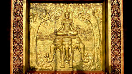 18 April 2022, Goldend wall with Khmer Empire concept at  Wat Taing Kork, Kampong Thom Province, 50's architecture. Located Tang Kork District, Kampong Thom Province, Cambodia.