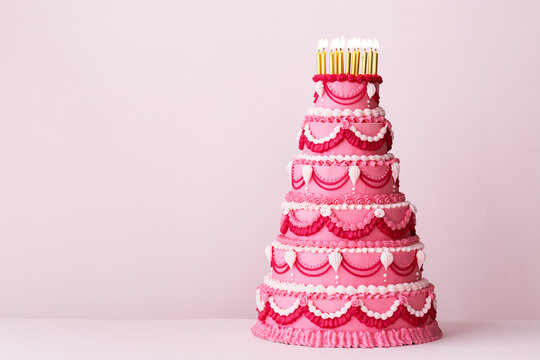 Extravagant Pink Tiered Birthday Cake Decorated With Vintage Buttercream Piping