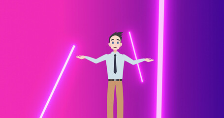 Image of man icon over neon lines on purple background