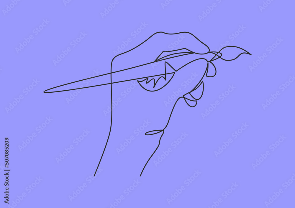 Poster hand of the artist in a flat style holding the brush.vector continuous line.