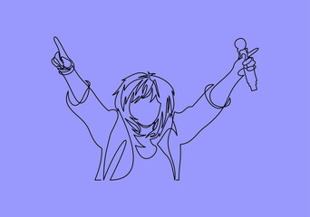 Rock band vocalist with singing to microphone with the hands raised up- continuous line drawing