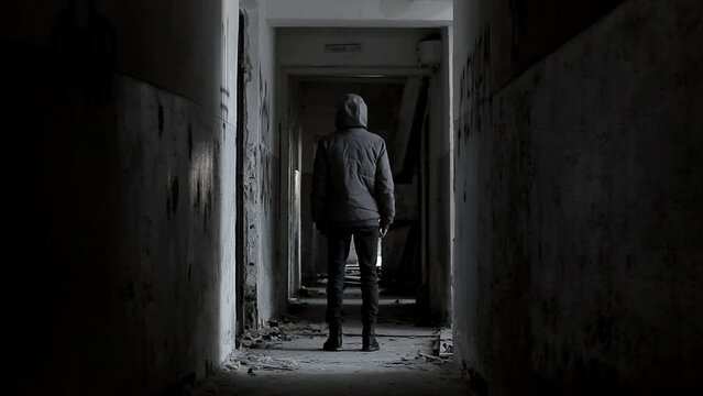 A man stands with his back in a hood in an abandoned corridor of an old building.