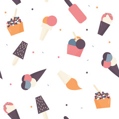 Seamless pattern with different kinds of ice cream. Vector illustration. Flat design