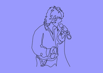 Rock band vocalist with singing to microphone- continuous line drawing