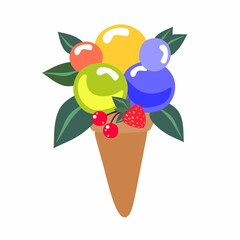 Ice cream with fruits, mint and berries. Flat style. A set of four ice creams. Vector illustration. 