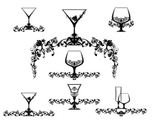 black and white vector design set of elegant calligraphic decorative elements with wine and cocktail glasses for beverages menu card