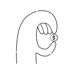 Dollar coin in hand line icon.