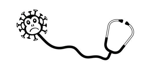 Cartoon monkey virus or monkeypox. Stop the virus belongs to the genus Orthopoxvirus in the family Poxviridae. infectious disease. Ape face with yellow banana. Vector monkey pox symbol or icon.