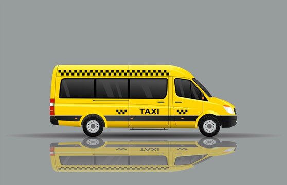 yellow passenger minibus taxi reflecting on the ground. Urban transport. Vector illustration.