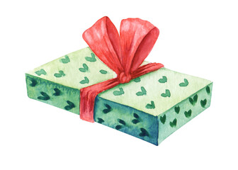 Single illustration decorative element. Lovely green heart-shaped gift box. Lush big red bow. Hand painted watercolor on paper. Colorful cartoon drawing isolated on white background.