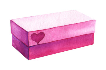 Single illustration decorative element. Lovely bright fuchsia gift box. Light pink cap with a heart. Hand painted watercolor on paper. Colorful cartoon drawing isolated on white background.