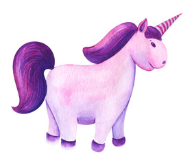 Single illustration decorative element. Cute little purple unicorn pony with purple mane tail and hooves. cartoon plush animal toy Hand painted watercolor. Colorful cartoon drawing isolated on white.