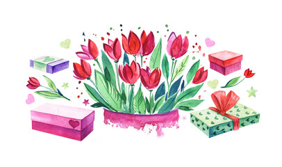 Decorative elements big set. Bouquet many tulip flowers, hearts. Bright colored gift boxes. pink red, green purple. Festive greeting Hand painted watercolor illustration. Drawing on white background