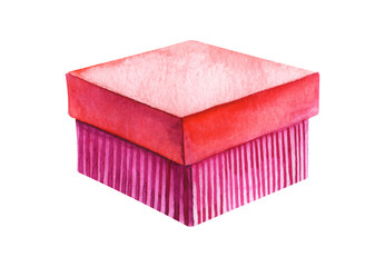 Single illustration decorative element. Square pink fuchsia striped gift box with red lid. Festive packaging Hand painted watercolor on paper. Colorful cartoon drawing isolated on white background.