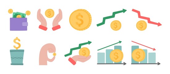 Money, finance, bank outlines icon collection. Money icons are a set of vector illustrations. Coins, wallet, rise and fall.