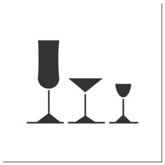 Stemware glyph icon. Glassware. Cocktail glass types. Restaurant, bar menu. Cocktail party and drinking establishment concept. Filled flat sign. Isolated silhouette vector illustration