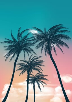 Vibrant Retro Hawaii Sunset Palm Trees