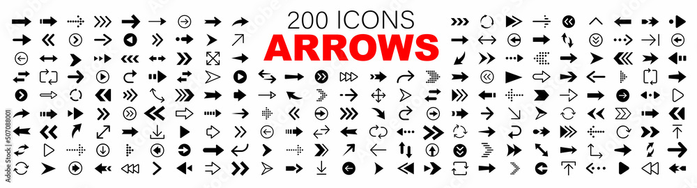 Poster arrow 200 icon set. arrow. cursor. collection different arrows sign. black vector arrows icons. mode