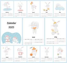 Concept of children's calendar for 2023 with a cute bunny character. All pages. A set with a adorable animal, rabbits in pastel colors. Used free font. Vector illustrations on a white background.