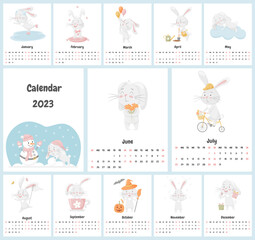 Concept of children's calendar for 2023 with a cute bunny character. All pages. A set with a adorable animal, rabbits in pastel colors. Used free font. Vector illustrations on a white background.