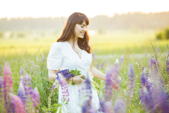 Beautiful woman in white sundress enjoying the summer nature. Picking colourful flowers, breathing fresh air and floral scent, walking in the sunny field of lupins. Happiness connect