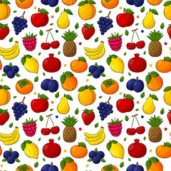 Bright juicy summer fruit seamless pattern. Hand-drawn fruit with an outline. A set of fruits and berries. For summer textiles, food packaging, napkins. Color vector illustration on a white background