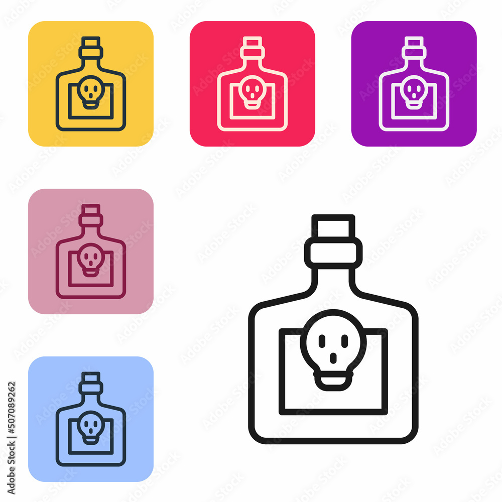 Poster black line bottle with potion icon isolated on white background. flask with magic potion. happy hall