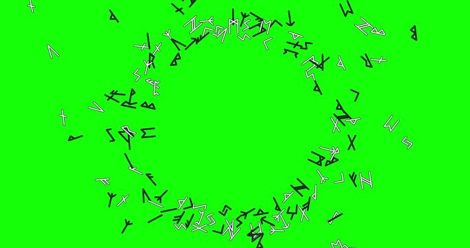 Animation with magic rune symbols on green screen. Runes round pattern. Runic alphabet, Futhark. Ancient norse occult symbols, black vikings letters carved. Chroma key. 4K Video motion graphic