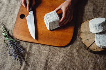 Valencay cheese on a wooden the board. French goat's milk cheese is covered with blue moldy crust....