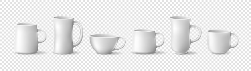 Set of realistic white coffee cups isolated on transparent background. Mock Up Templates. Matte surface. Vector illustration