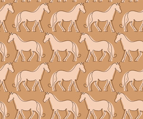 Abstract One Line Drawing Horses with Shadows Seamless Vector Pattern Isolated Background