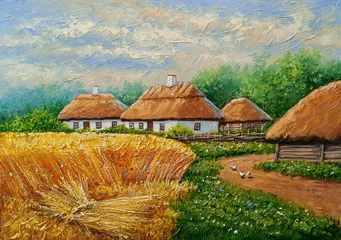 Foto auf Acrylglas Oil paintings rural landscape, summer landscape in the village, field and road. Fine art © yaroslavartist