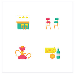 Bar flat icons set. Bar counter, chairs, sign, hookah.Cocktail party and drinking establishment concept. 3d vector illustrations