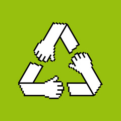 Vector pixel cursor triangle ecological line symbol. Green background 