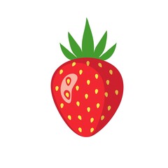Vector illustration of ripe juicy strawberry with green leaves. Healthy diet summer berries fruits vitamins. Icon sticker design element