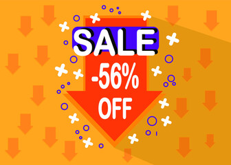56% sale discount. Arrow icon with price drop for sales and special promotion in orange and white color.