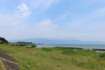 A scene of Biwa-ko Lake in a suburb of  Nagahama City in Shiga Prefecture in Japan 日本の滋賀県近江八幡市郊外の琵琶湖の風景