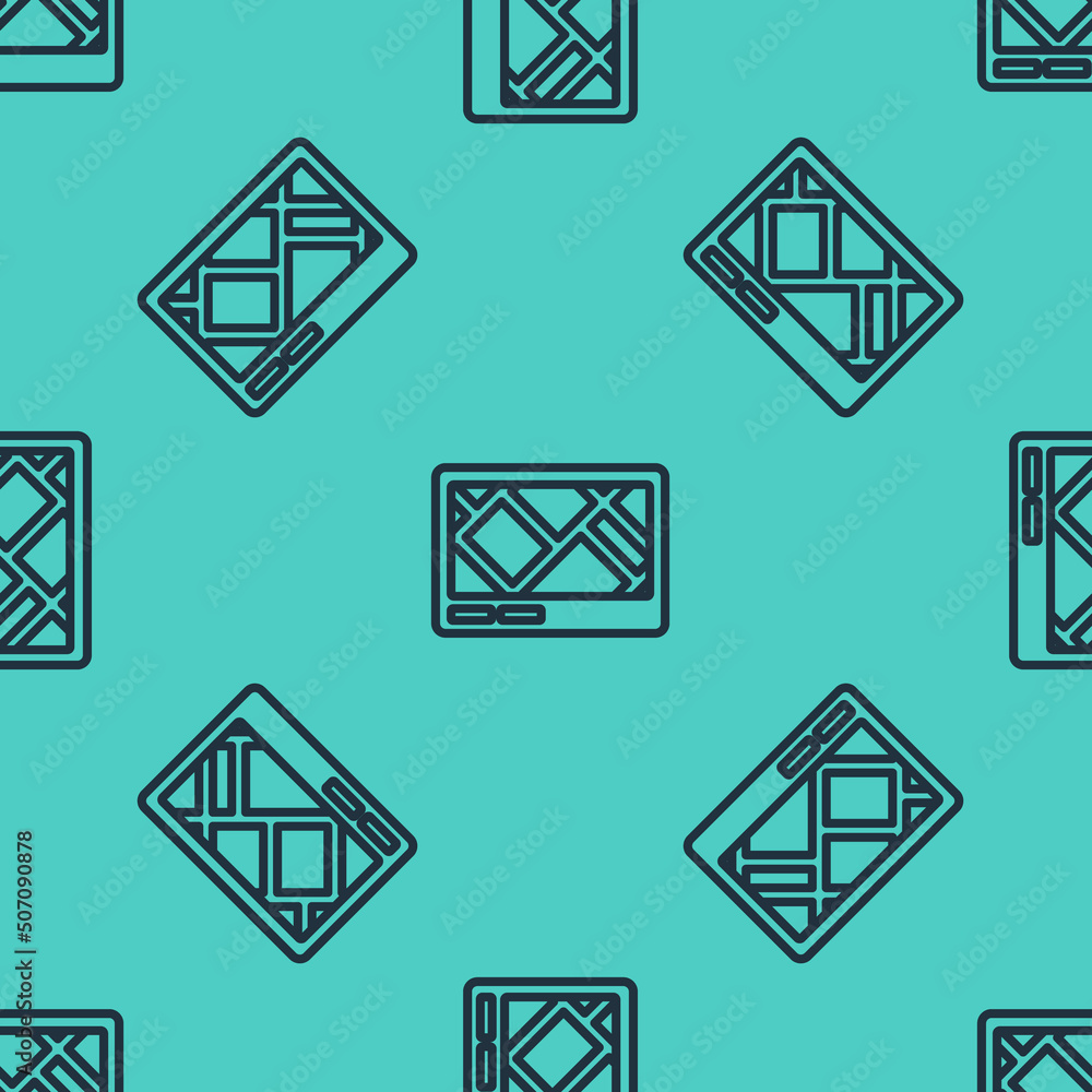 Poster black line gps device with map icon isolated seamless pattern on green background. vector