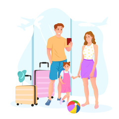 Hot summer, summer holiday. The family is going on holiday. Airport, beach ball, suitcase.