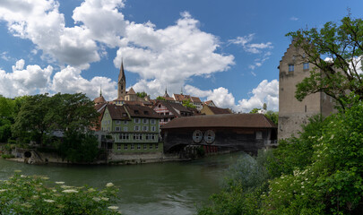 Fototapeta na wymiar panorama view of the Limmat River and the historic old city center of Baden
