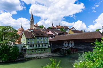 Fototapeta na wymiar view of the Limmat River and the historic old city center of Baden
