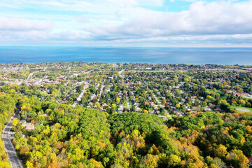Aerial of Grimsby, Ontario, Canada with lake in background - 507091669