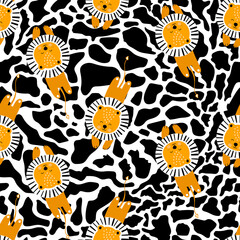 Childish seamless pattern with lions and abstract shapes. Perfect for kids apparel,fabric, textile, nursery decoration,wrapping paper