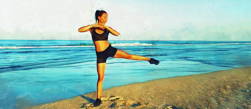 The girl does exercises on the beach, sports and recreation
