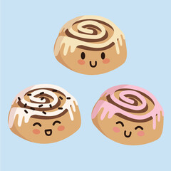 Three cute buns. Bun cutie smiles. Pastries with custard. Cinnamon bun.


