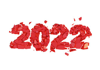 Broken red 2022 year isolated on white background. The number 2022 is destroyed - represents the old year 2022, 3d rendered