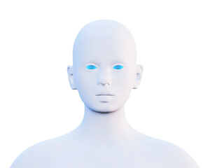 3d render of minimal female head, robot, frontal view, isolated on white