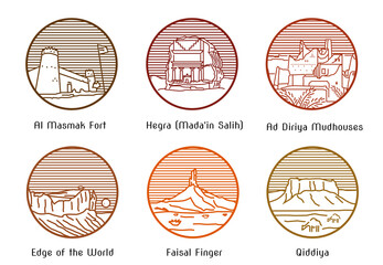 Heritage and Natural Landmarks of Saudi Arabia done in Line art style concept. Editable Clip Art.