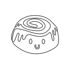 Sweet bun silhouette. Bun cutie smiles. Pastries with custard. Cinnamon bun for coloring book.
